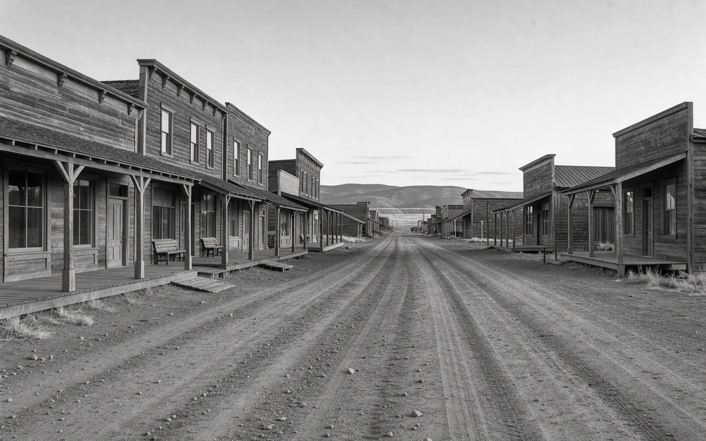 An empty Western main street at dawn, with wooden storefronts and a pale mountain horizon