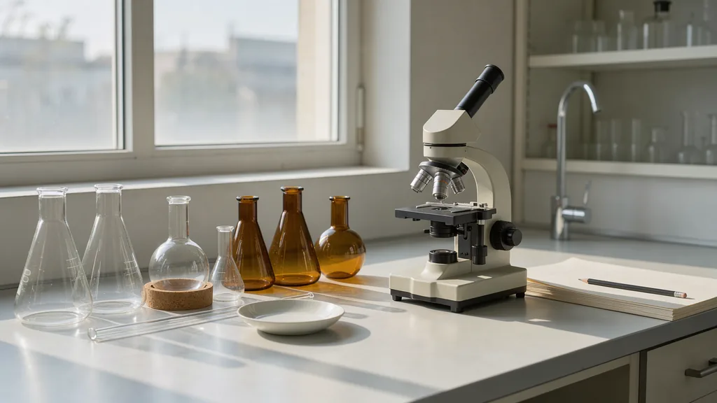 Analytical chemistry laboratory workbench in natural morning light with unlabeled borosilicate glass flasks and optical microscope